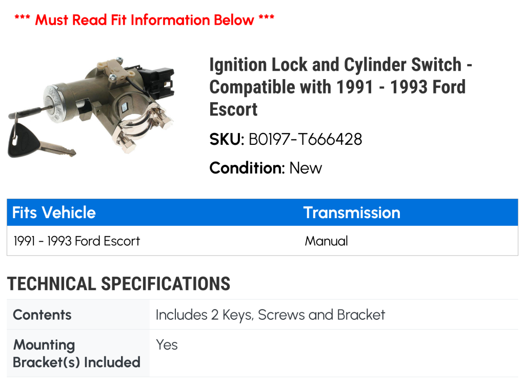 Picture of: Ignition Lock and Cylinder Switch – Compatible with  –  Ford Escort