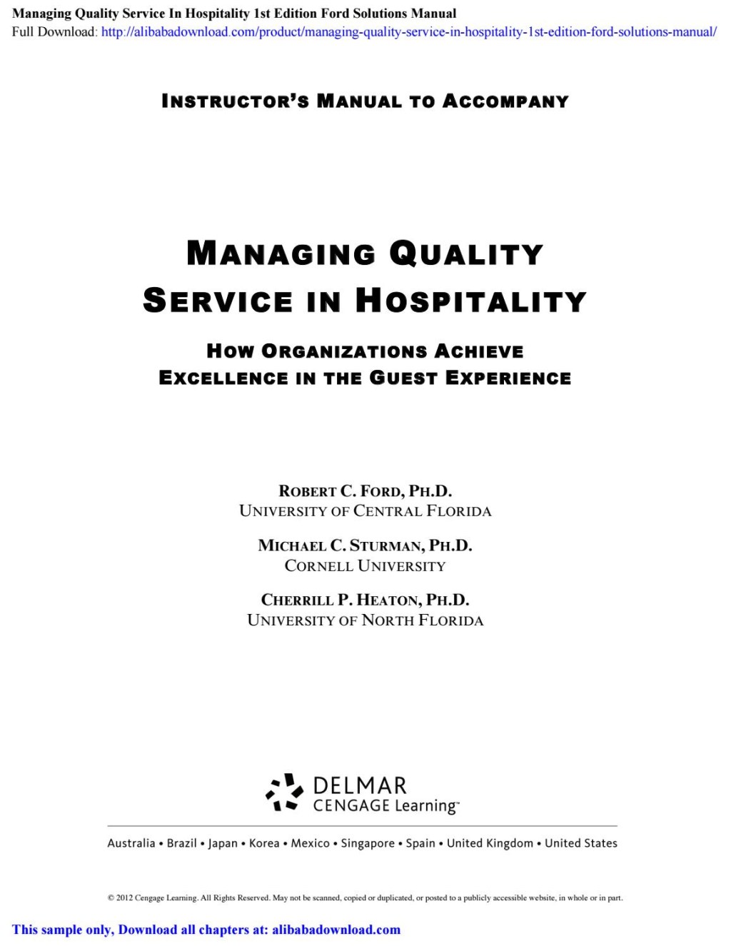 Picture of: Managing Quality Service In Hospitality st Edition Ford Solutions